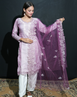 Unstitched Dark Purole Organza Suit with White Aster Hand Embroidery