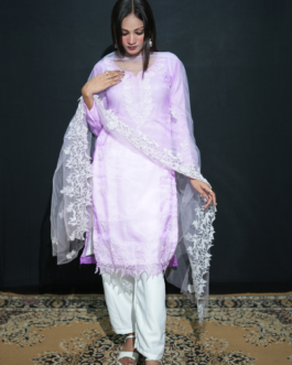 Unstitched Purple Organza Suit with White Aster Detailing