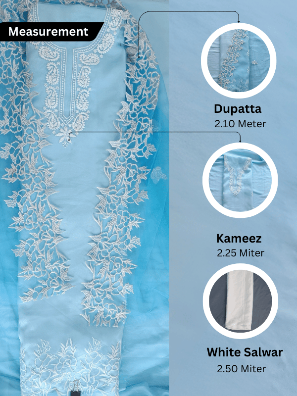 Beautiful sky blue unstitched organza suit featuring a matching astar, made from lightweight fabric, perfect for summer events and festive occasions