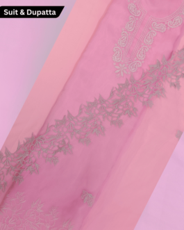 Unstitched Light Pink Organza Suit Set with Maching Aster Embroidery & Silk Dupatta